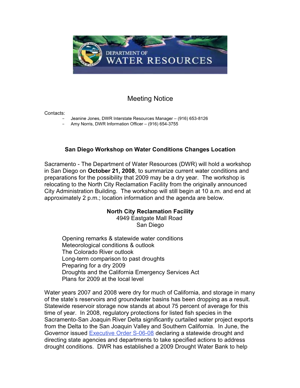 San Diego Workshop on Water Conditions Changes Location