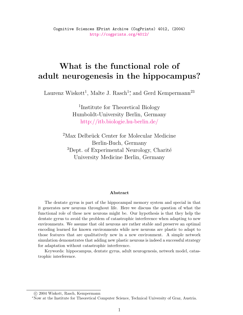What Is the Functional Role of Adult Neurogenesis in the Hippocampus?