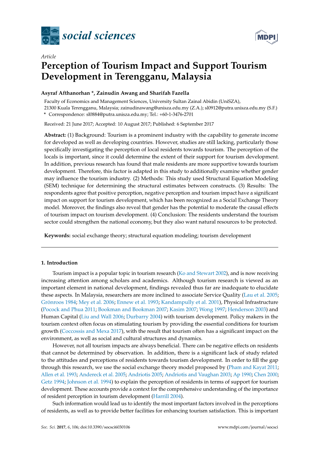 Perception of Tourism Impact and Support Tourism Development in Terengganu, Malaysia