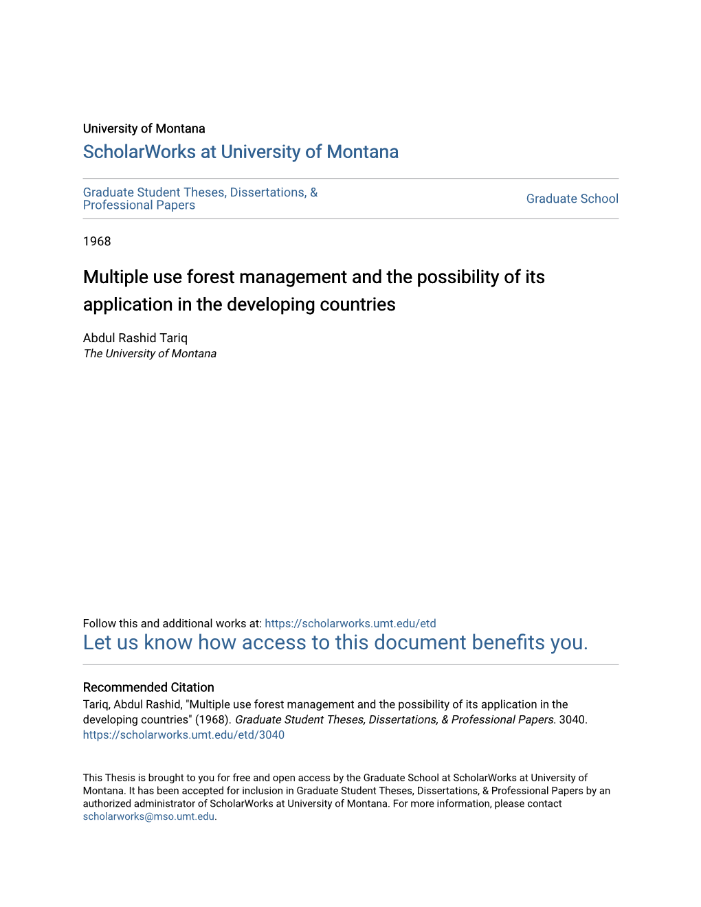 Multiple Use Forest Management and the Possibility of Its Application in the Developing Countries