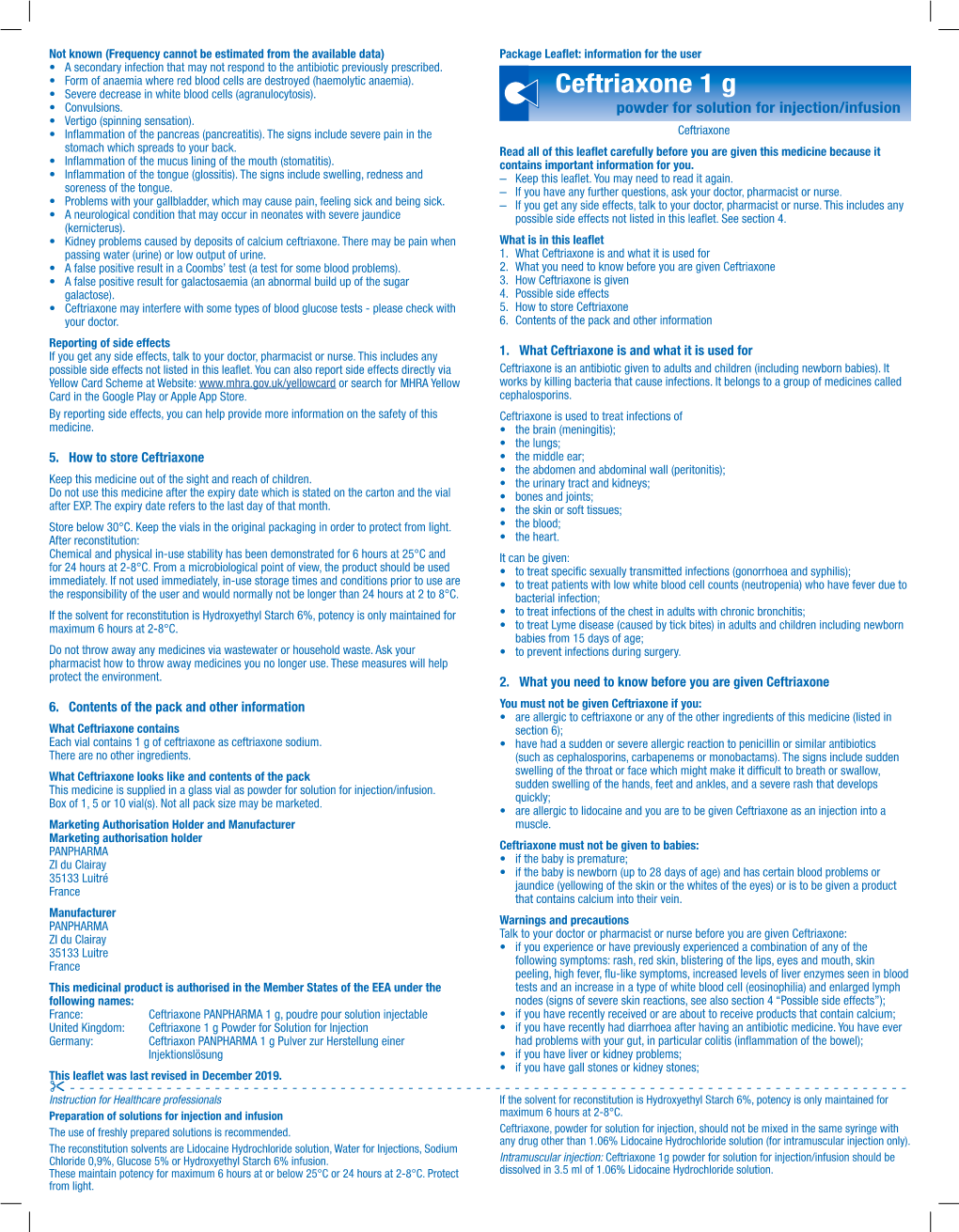 Ceftriaxone 1 G • Convulsions