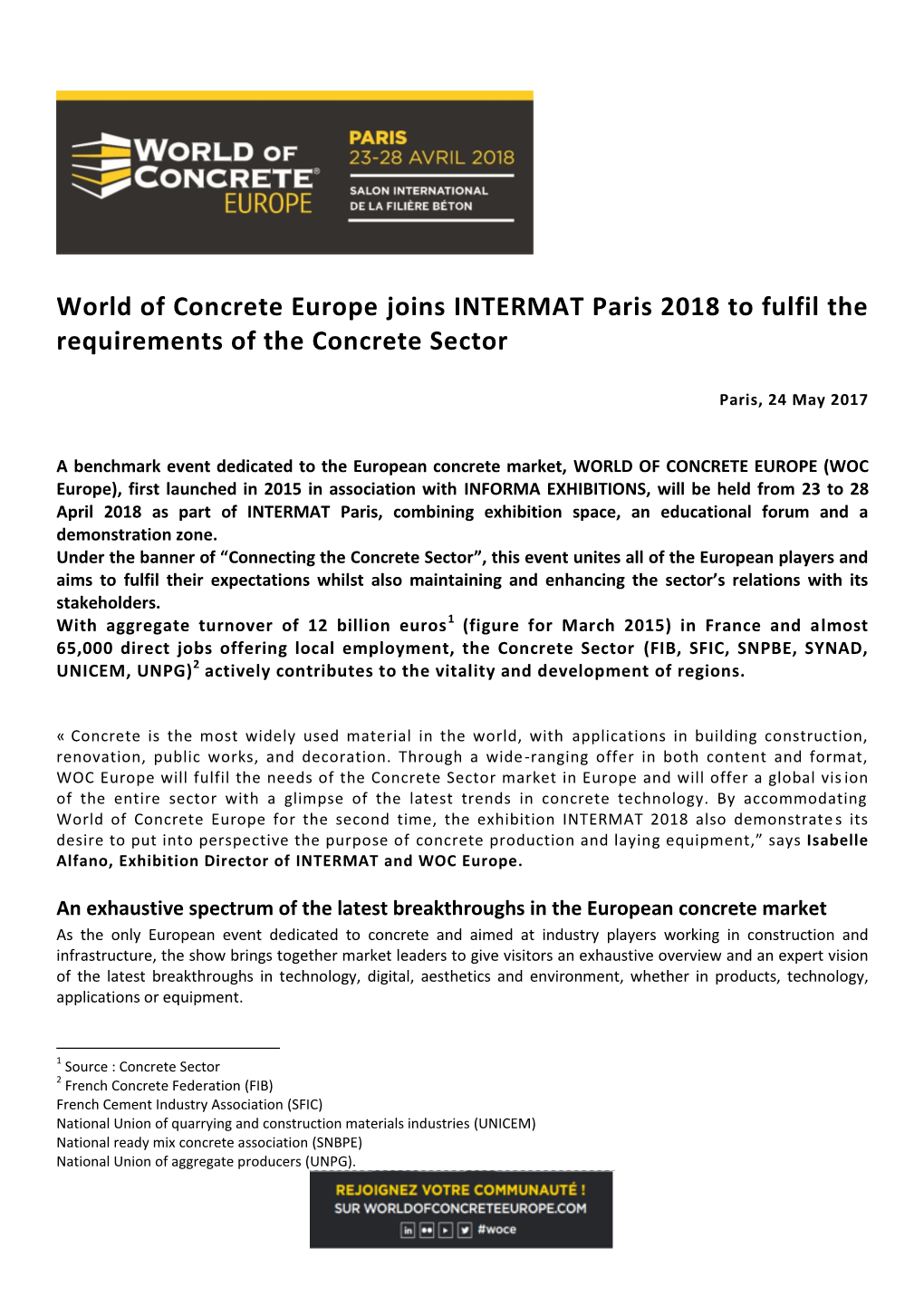 World of Concrete Europe Joins INTERMAT Paris 2018 to Fulfil the Requirements of the Concrete Sector