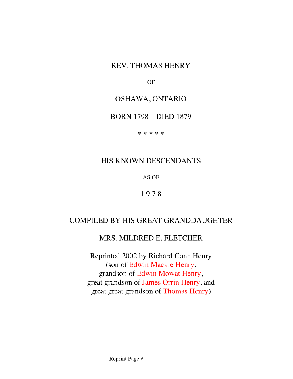 Rev. Thomas Henry Oshawa, Ontario Born 1798