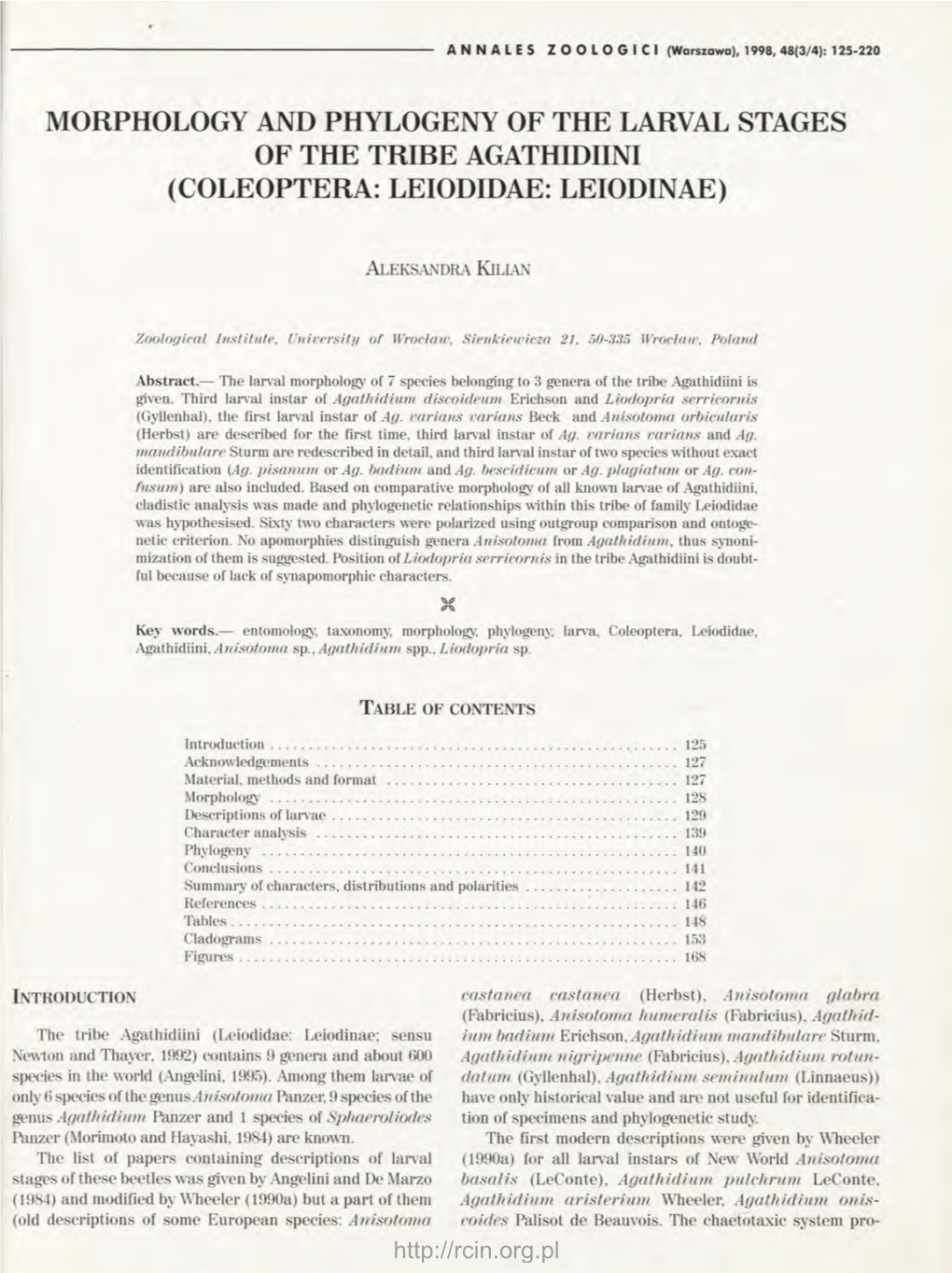 Morphology and Phylogeny of the Larval Stages of the Tribe Agathidiini (Coleoptera: Leiodidae: Leiodinae)