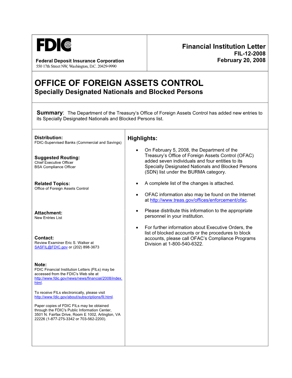 FIL-12-2008 Federal Deposit Insurance Corporation February 20, 2008 550 17Th Street NW, Washington, D.C