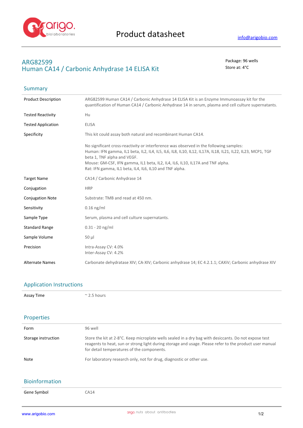 Human CA14 / Carbonic Anhydrase 14 ELISA Kit (ARG82599)