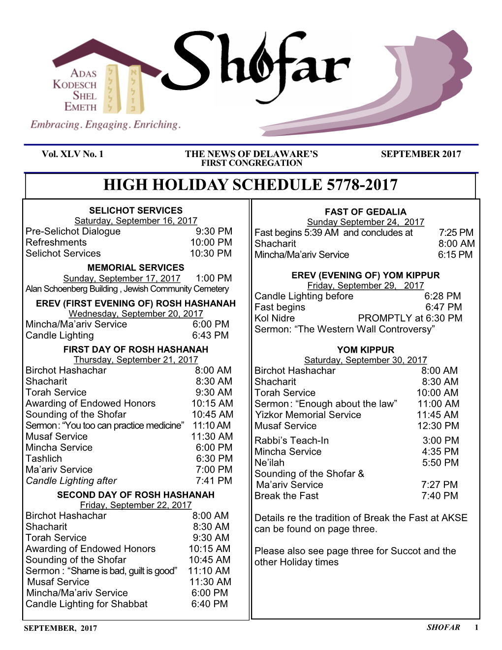 High Holiday Schedule 5778-2017