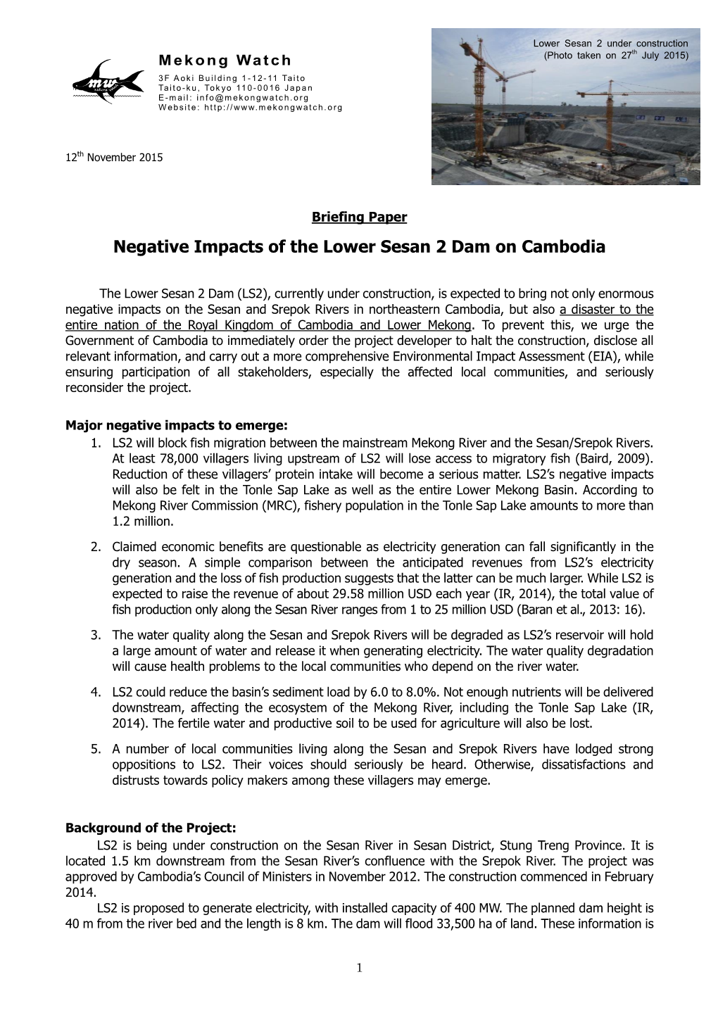 Negative Impacts of the Lower Sesan 2 Dam on Cambodia