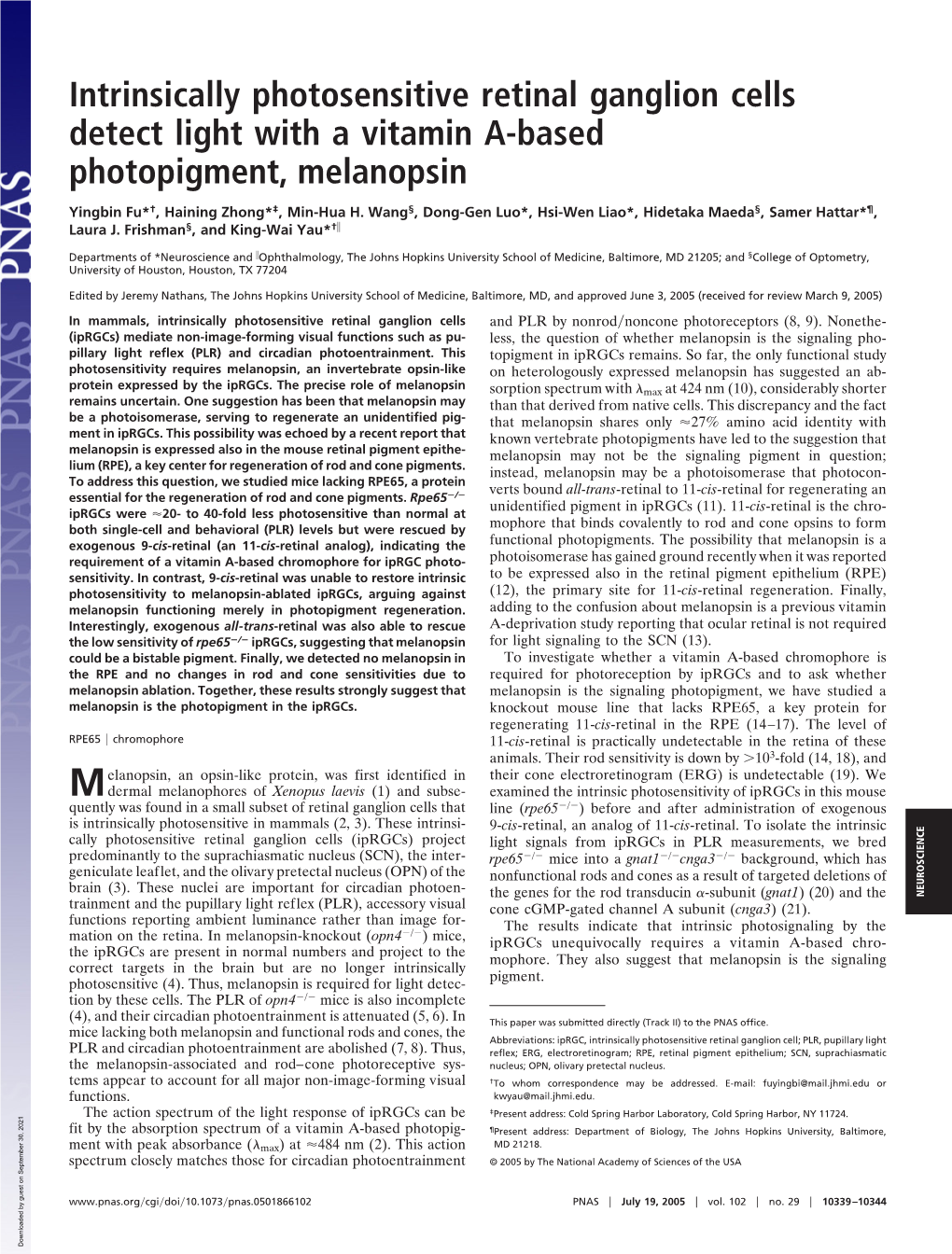 Intrinsically Photosensitive Retinal Ganglion Cells Detect Light with a Vitamin A-Based Photopigment, Melanopsin