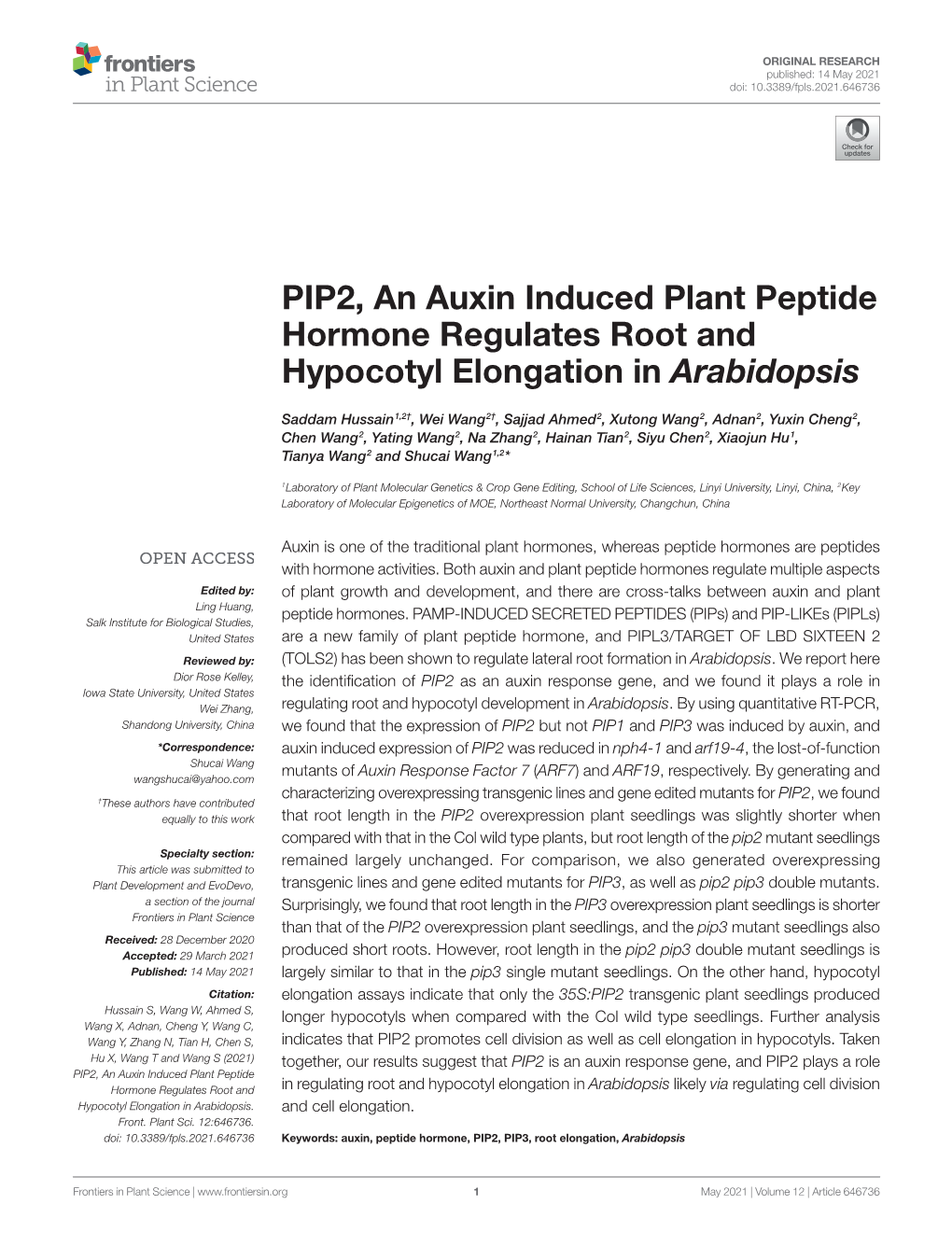 PIP2, an Auxin Induced Plant Peptide Hormone Regulates Root and Hypocotyl Elongation in Arabidopsis