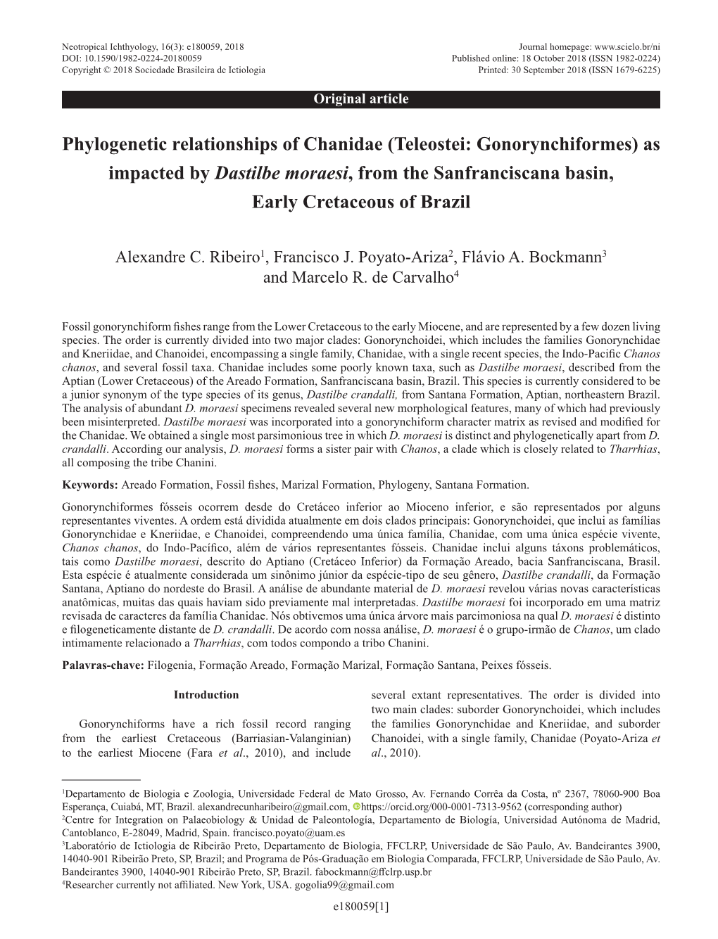 Phylogenetic Relationships of Chanidae (Teleostei: Gonorynchiformes) As Impacted by Dastilbe Moraesi, from the Sanfranciscana Basin, Early Cretaceous of Brazil