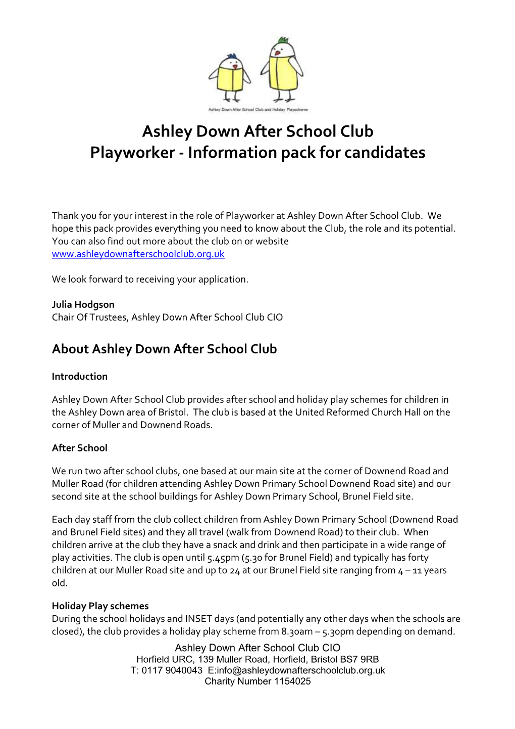 Ashley Down After School Club Playworker - Information Pack for Candidates