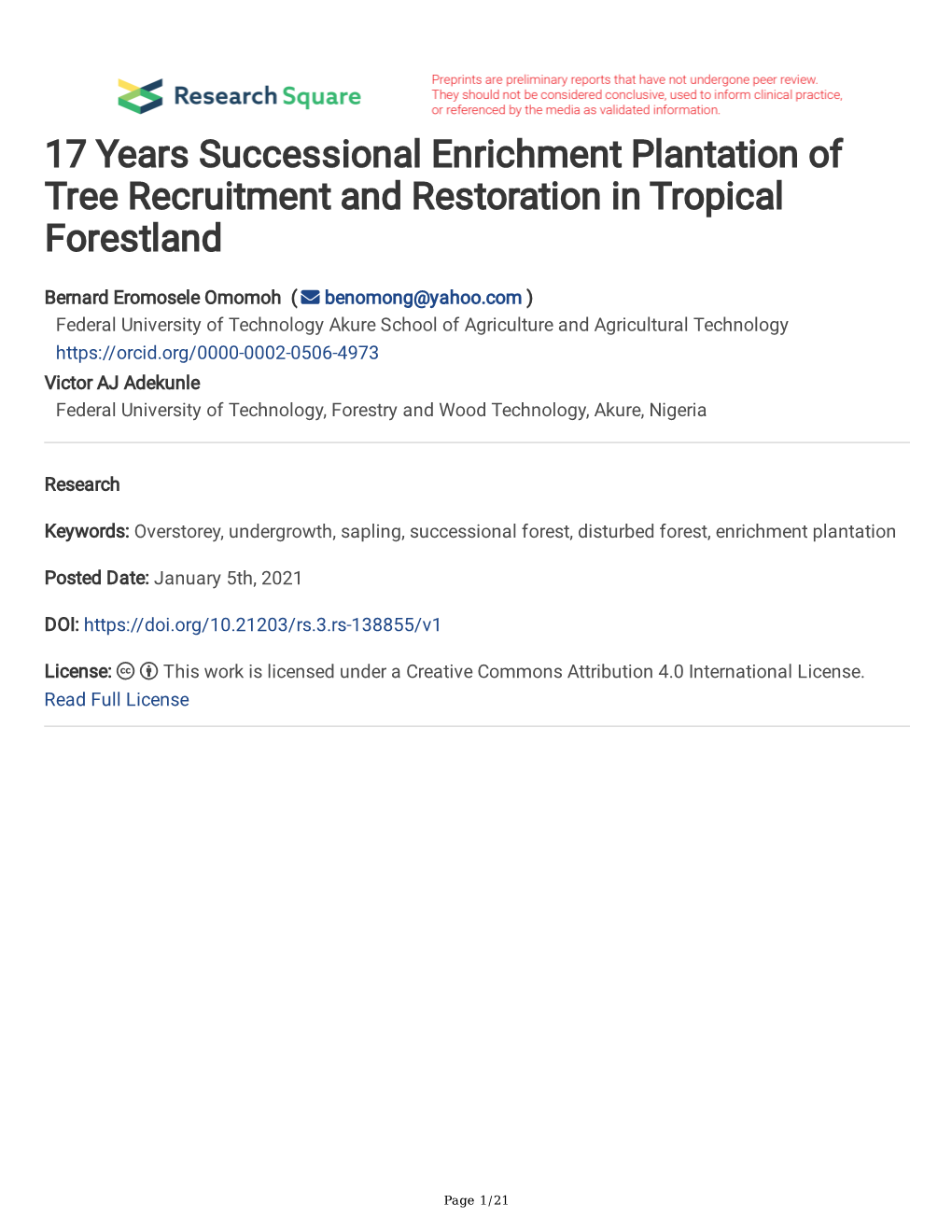 17 Years Successional Enrichment Plantation of Tree Recruitment and Restoration in Tropical Forestland