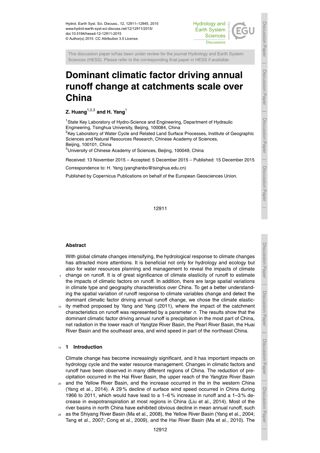 Dominant Climatic Factor Driving Annual Runoff Change at Catchments Scale Over China