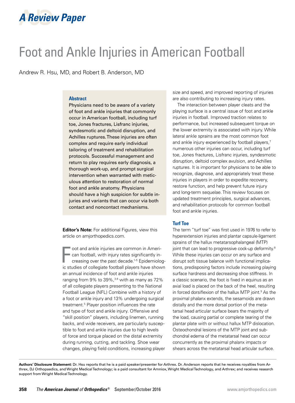 Foot and Ankle Injuries in American Football