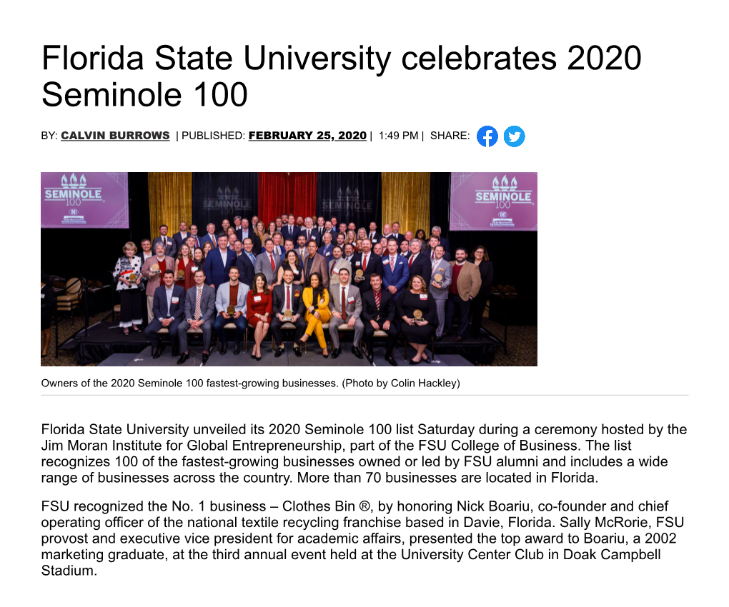 Florida State University Celebrates 2020 Seminole 100