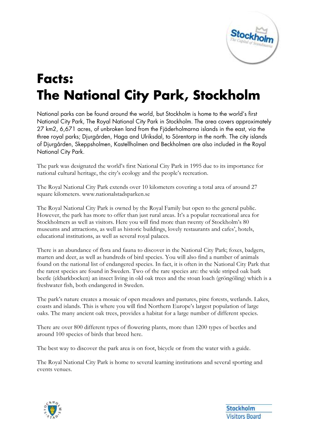 Facts: the National City Park, Stockholm