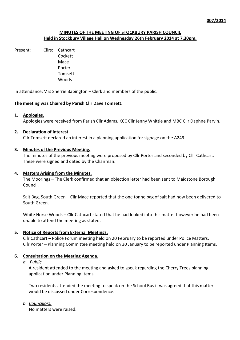 007/2014 Minutes of the Meeting of Stockbury