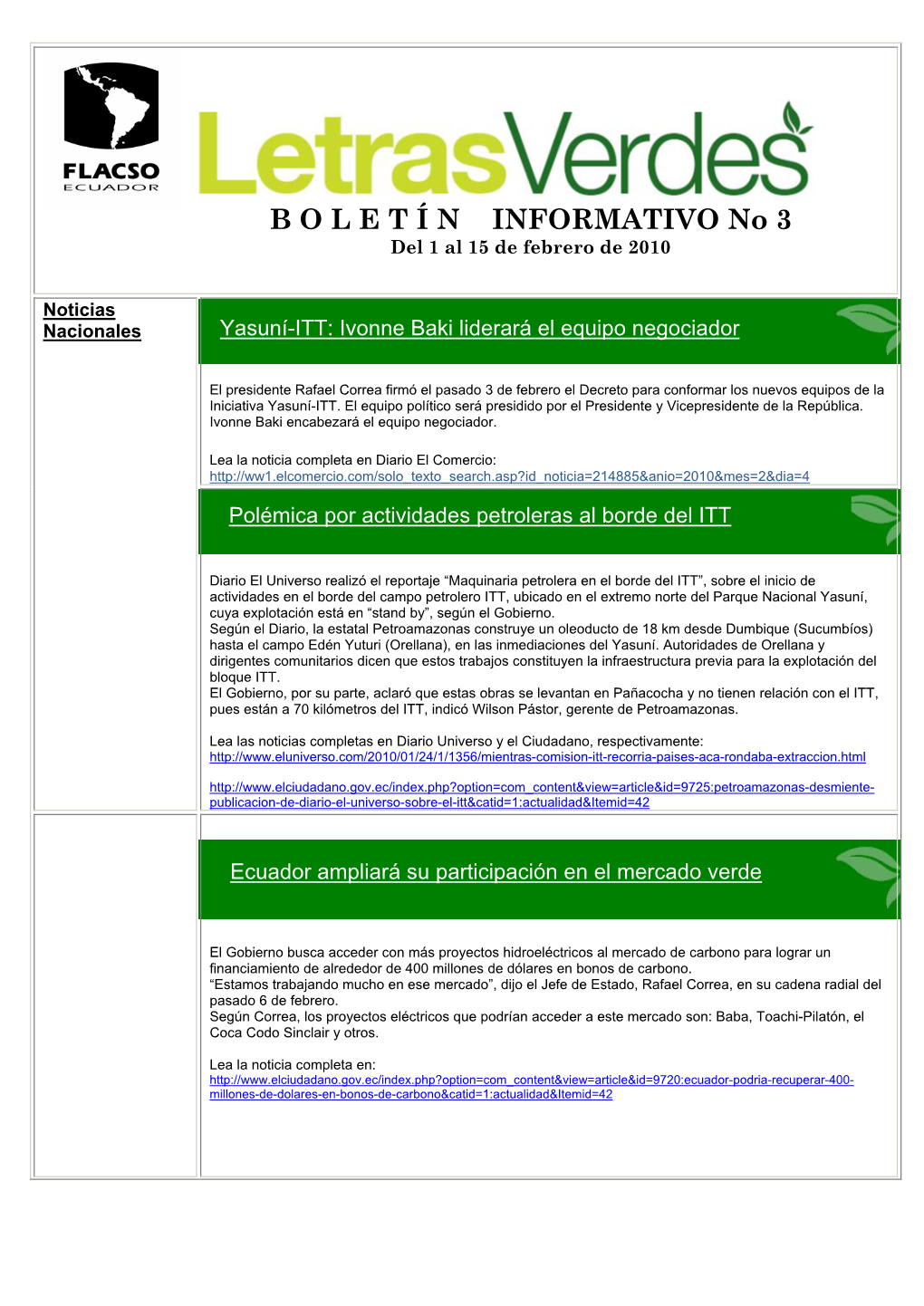 B O L E T Í N INFORMATIVO No 3 Del 1 Al 15 De Febrero De 2010