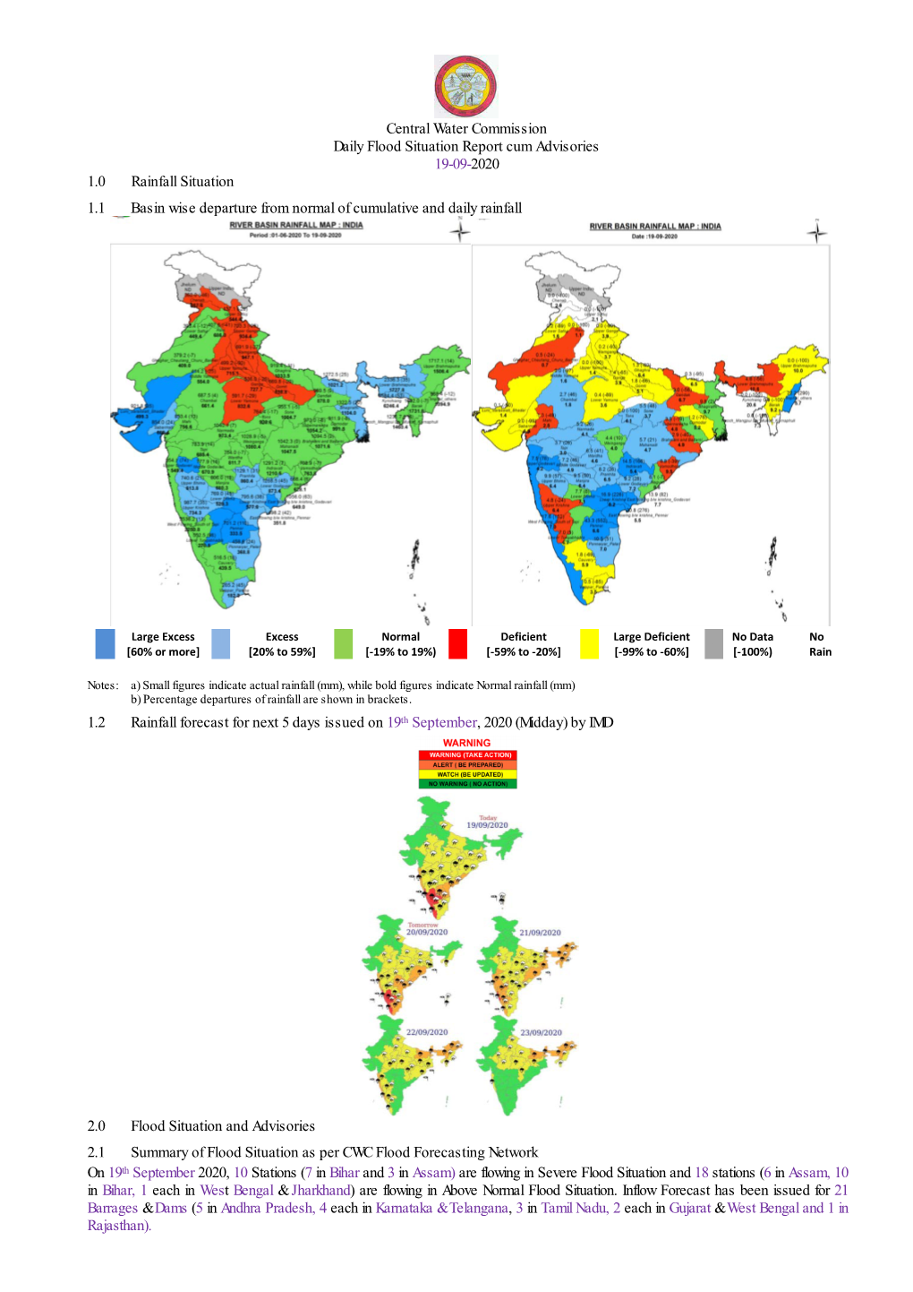 Central Water Commission Daily Flood Situation Report Cum Advisories 19-09-2020 1.0 Rainfall Situation