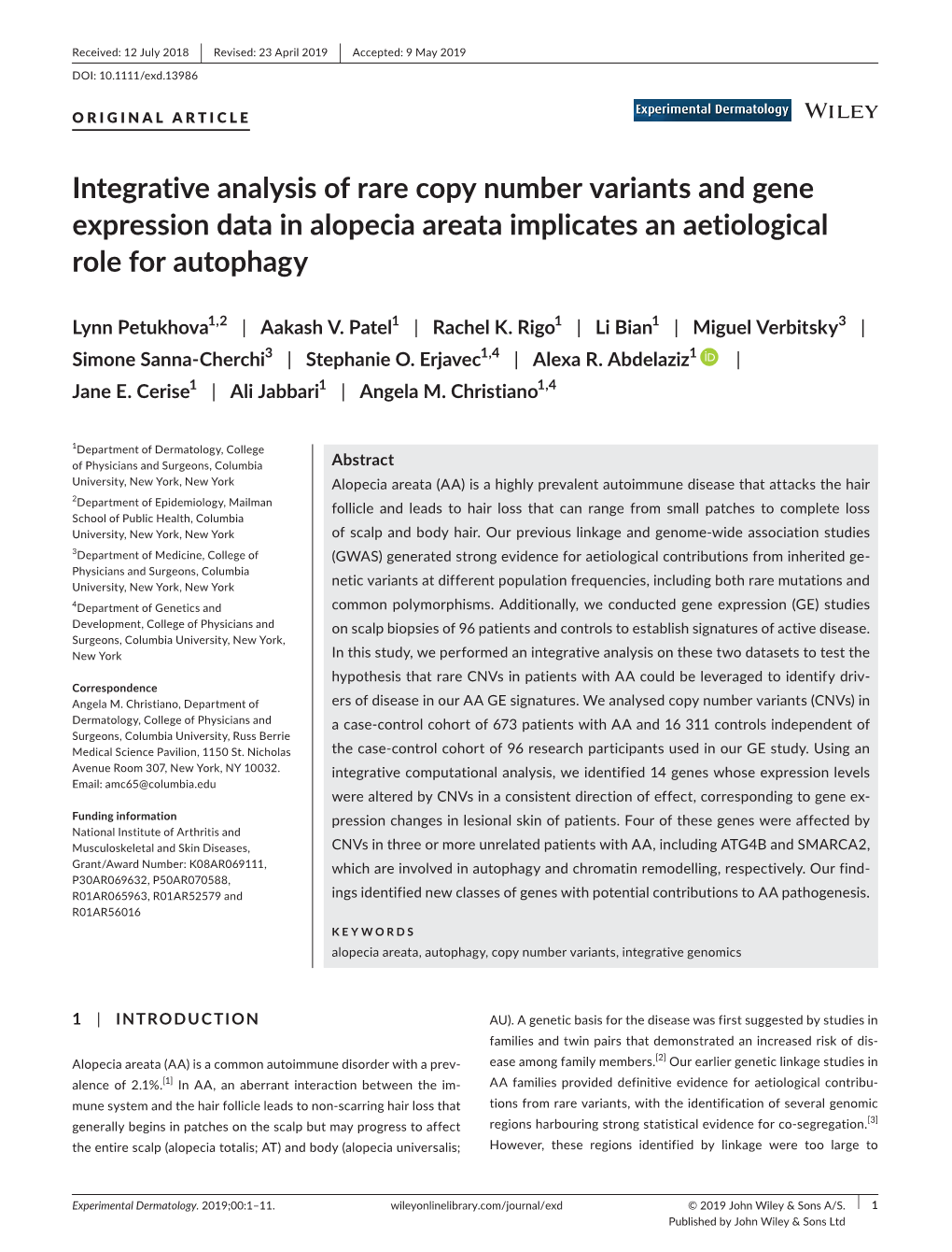 Integrative Analysis of Rare Copy Number Variants and Gene Expression Data in Alopecia Areata Implicates an Aetiological Role for Autophagy
