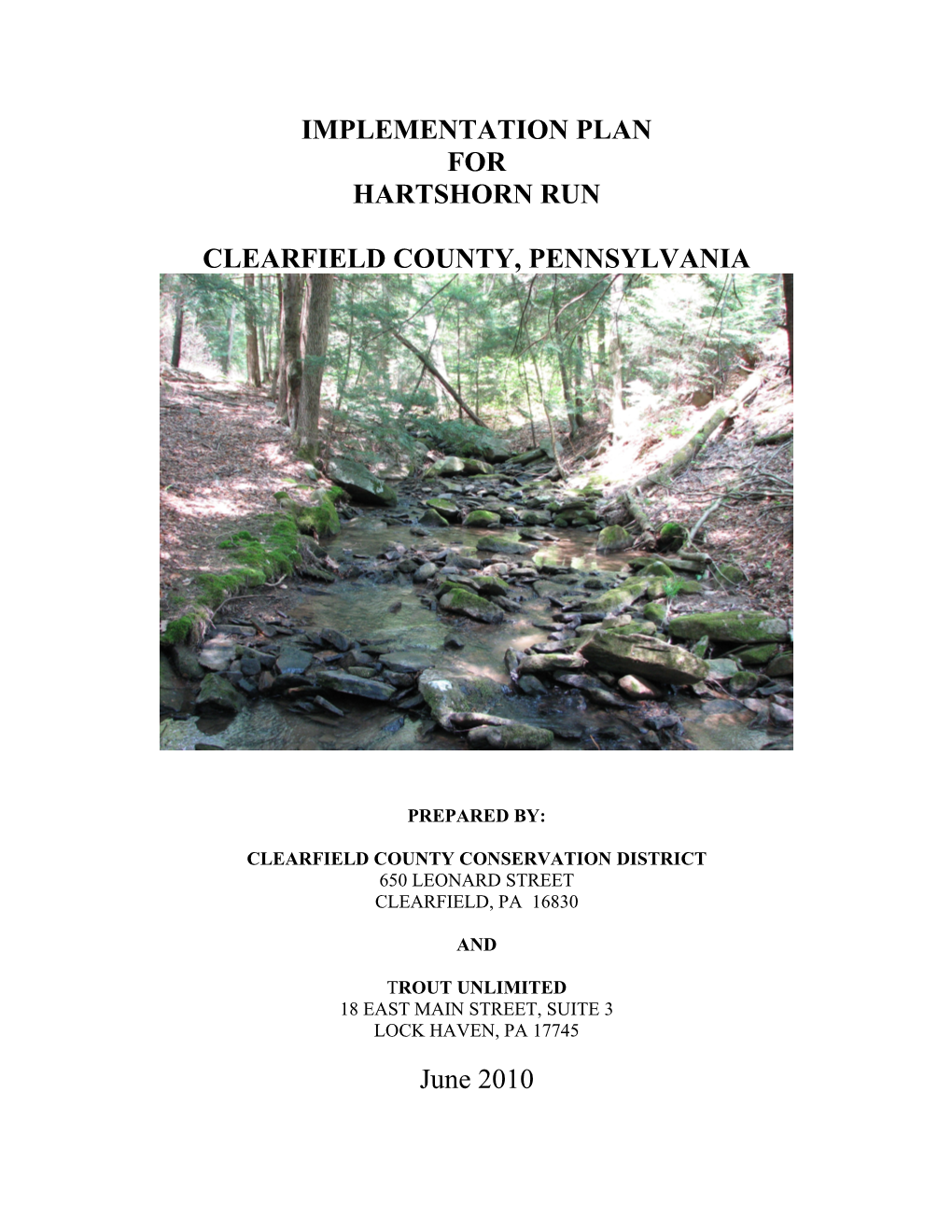 Implementation Plan for Hartshorn Run Clearfield County, Pennsylvania