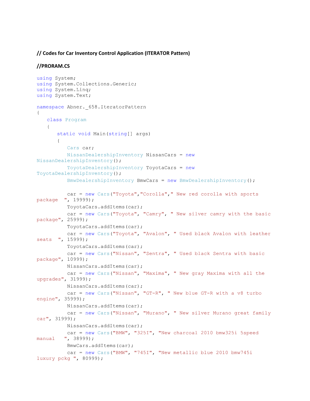 Codes for Car Inventory Control Application (ITERATOR Pattern)