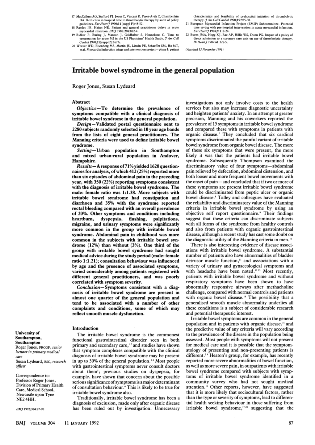 Irritable Bowel Syndrome Inthe General Population