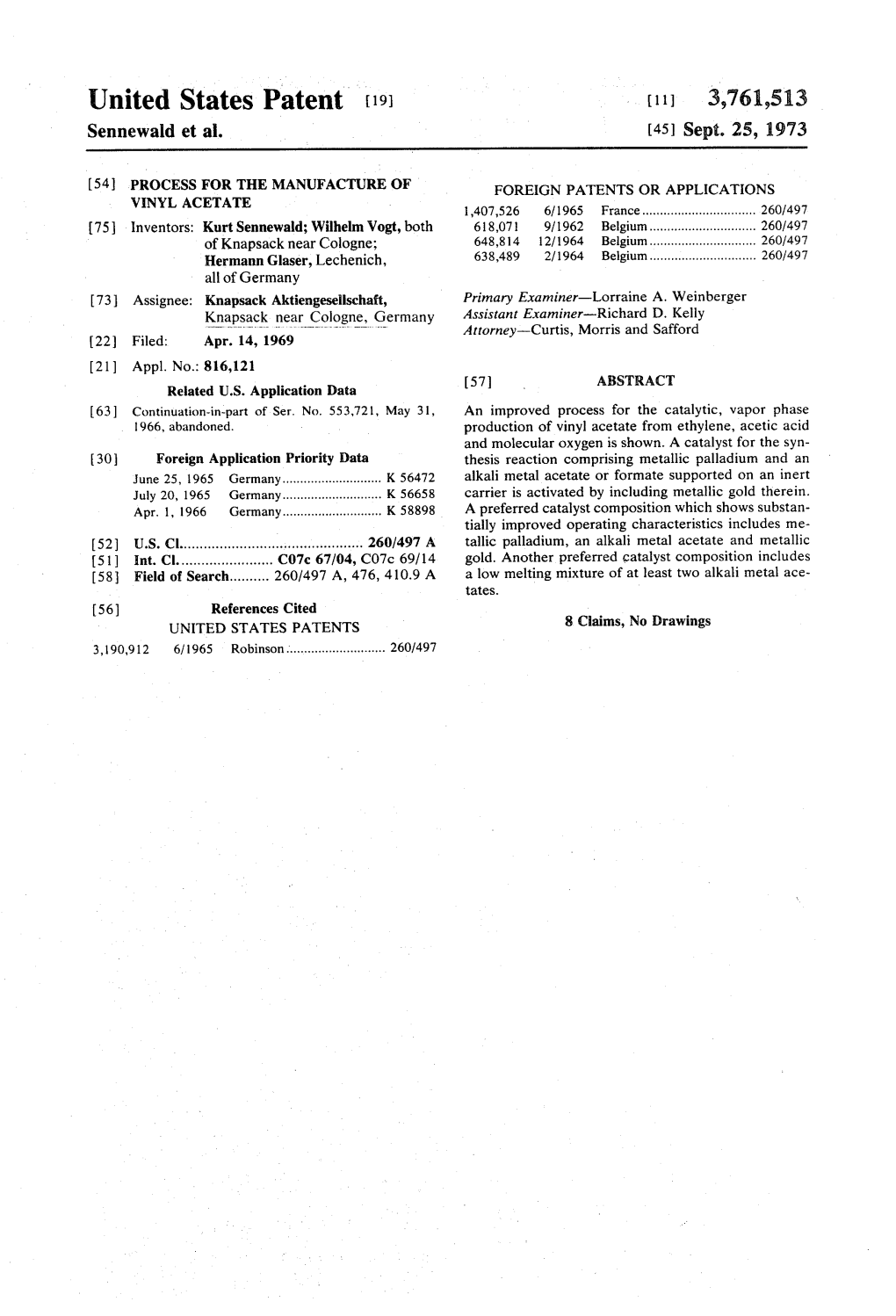 United States Patent (19) (11 3,761,513 Sennewald Et Al
