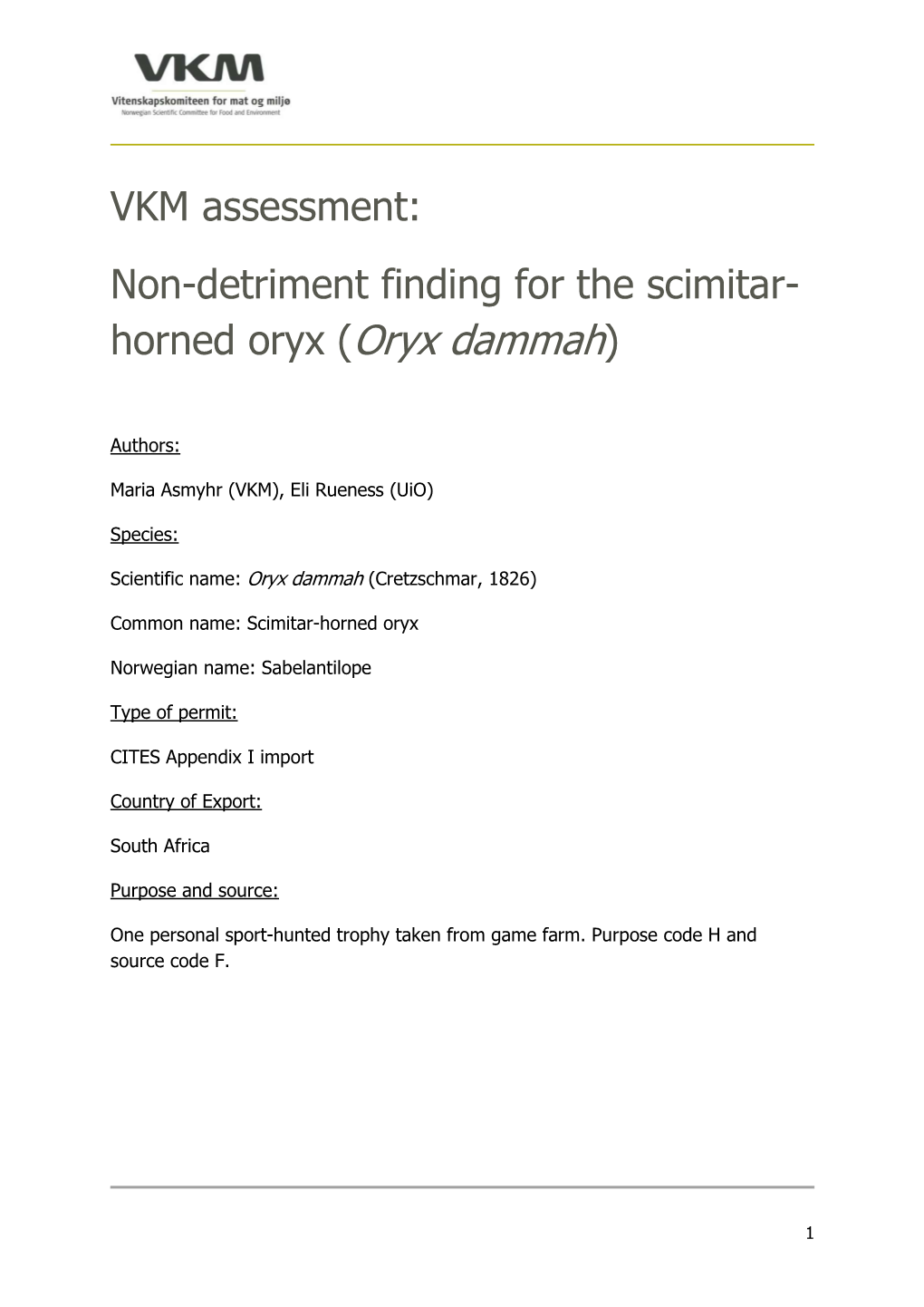 VKM Assessment: Non-Detriment Finding for the Scimitar- Horned Oryx ( )