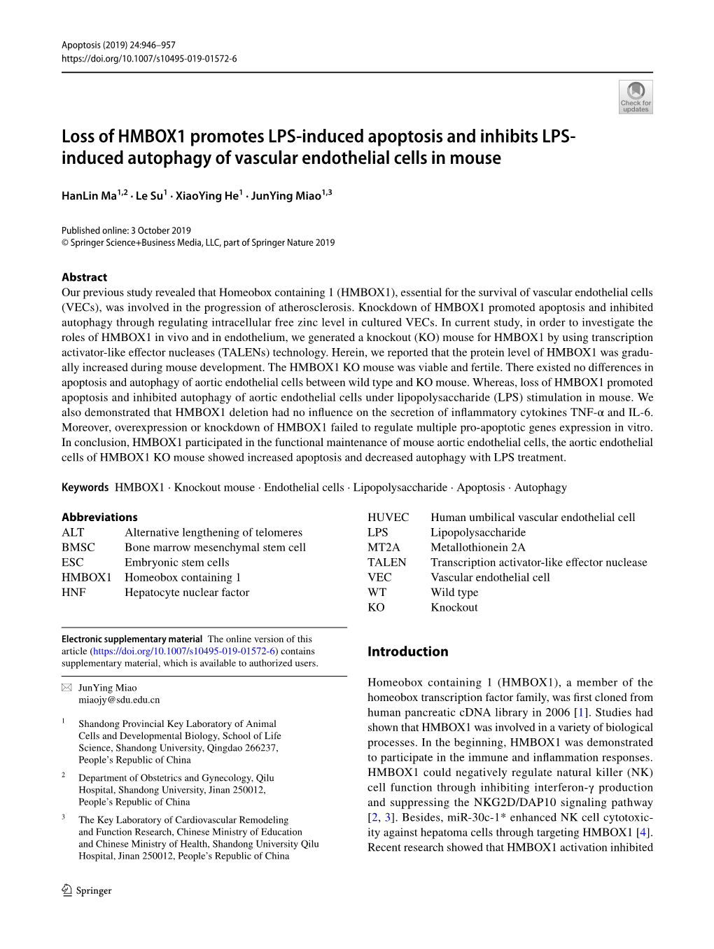 Loss of HMBOX1 Promotes LPS-Induced Apoptosis and Inhibits LPS- Induced Autophagy of Vascular Endothelial Cells in Mouse