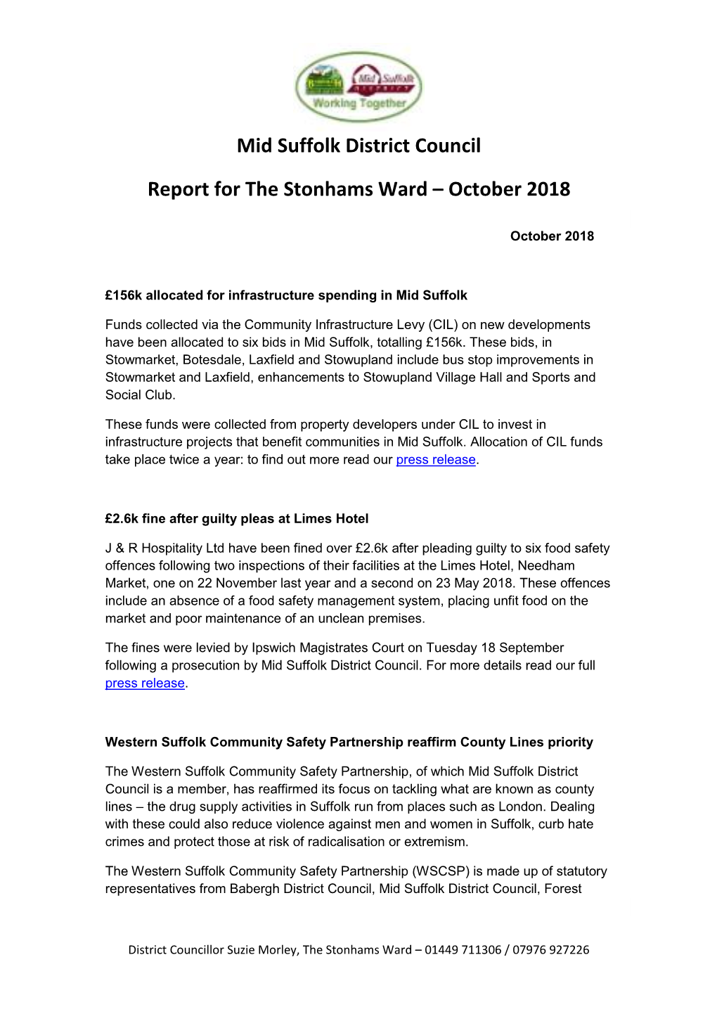Mid Suffolk District Council Report for the Stonhams Ward – October 2018