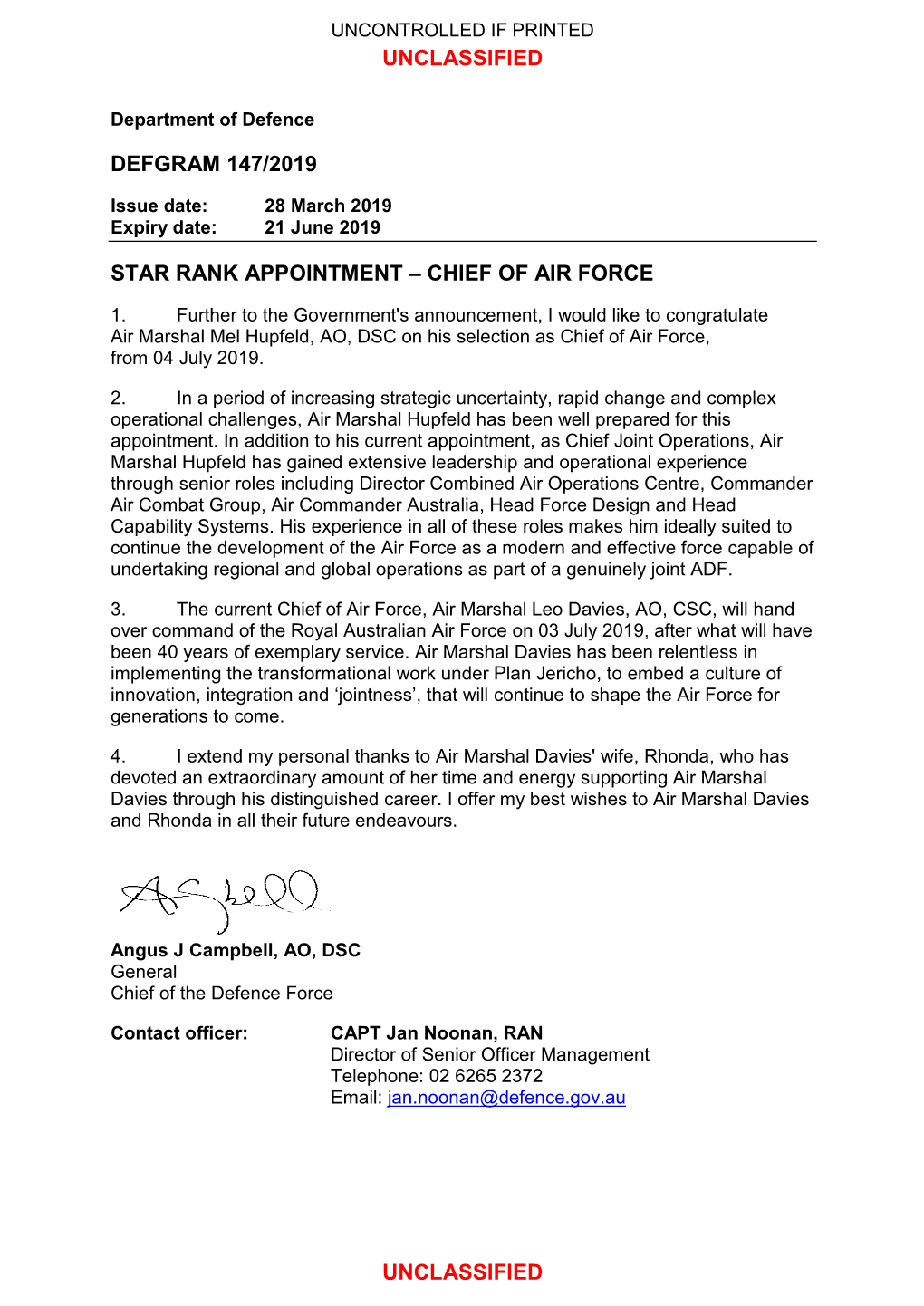 Defgram 147/2019 Star Rank Appointment – Chief of Air Force