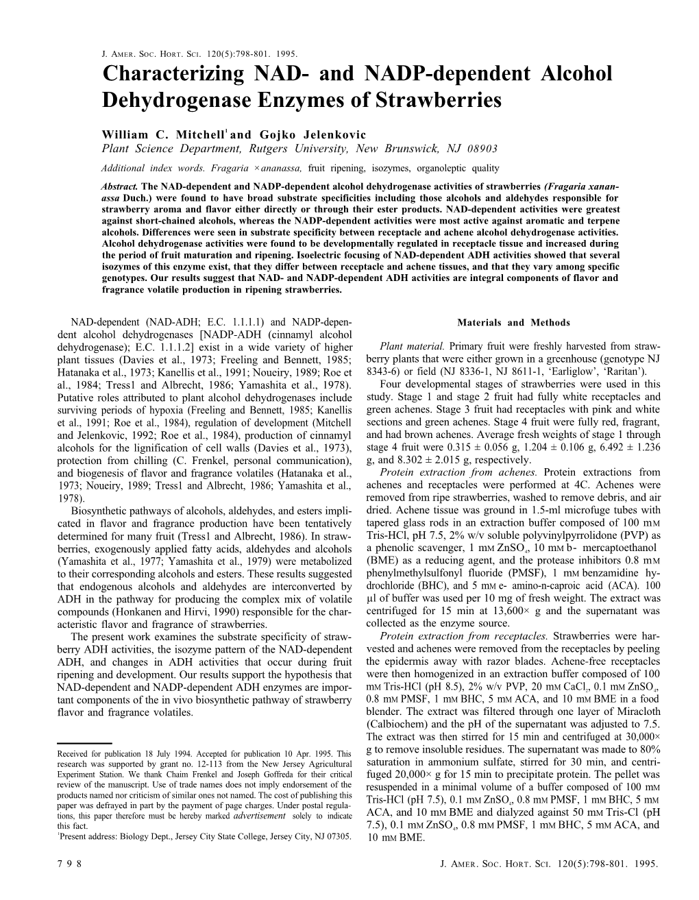 And NADP-Dependent Alcohol Dehydrogenase Enzymes of Strawberries