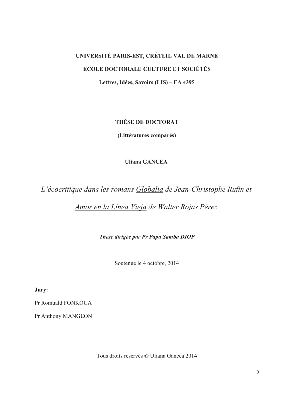 L'écocritique Dans Les Romans Globalia De Jean-Christophe Rufin