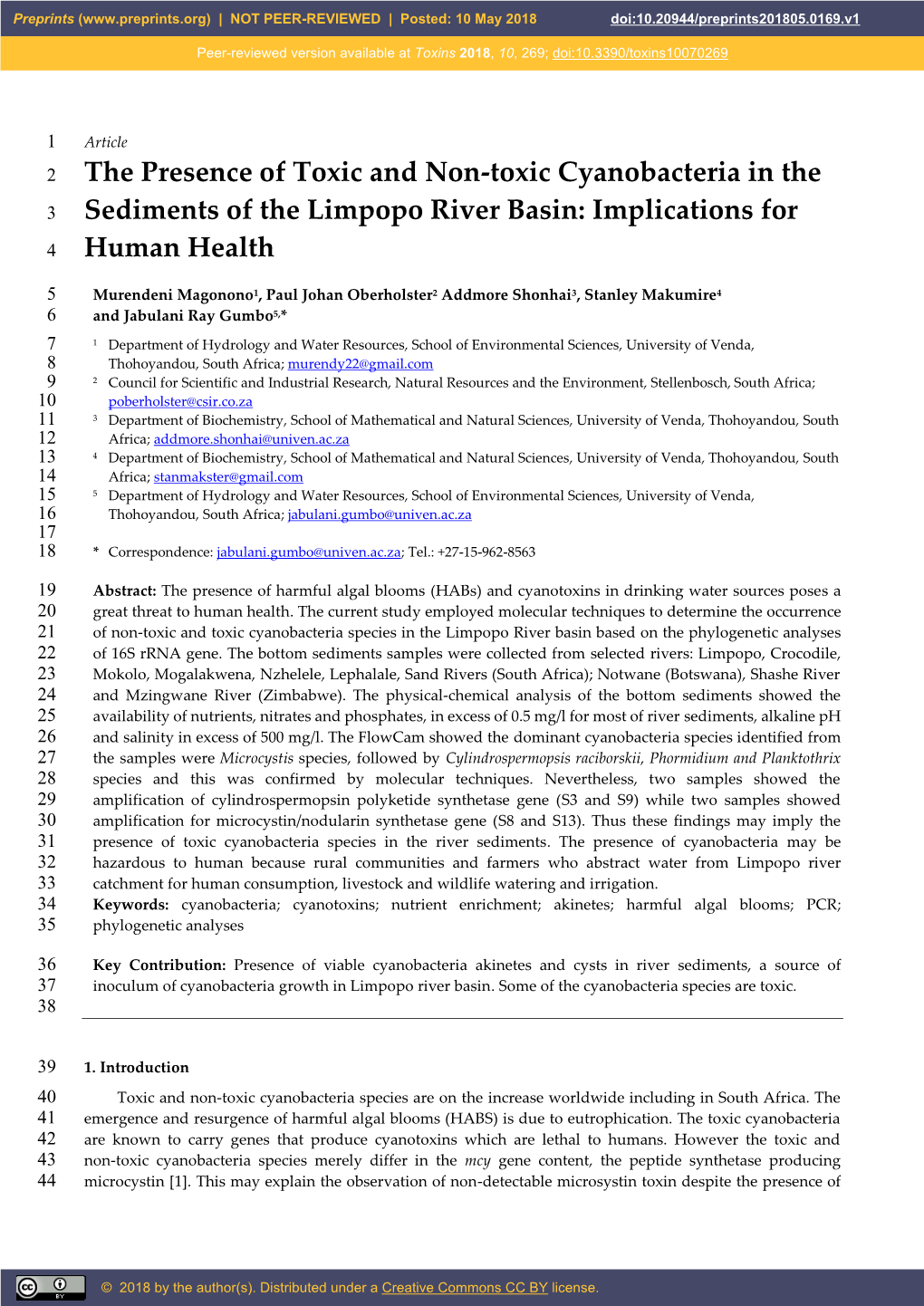 The Presence of Toxic and Non-Toxic Cyanobacteria in the 3 Sediments of the Limpopo River Basin: Implications for 4 Human Health