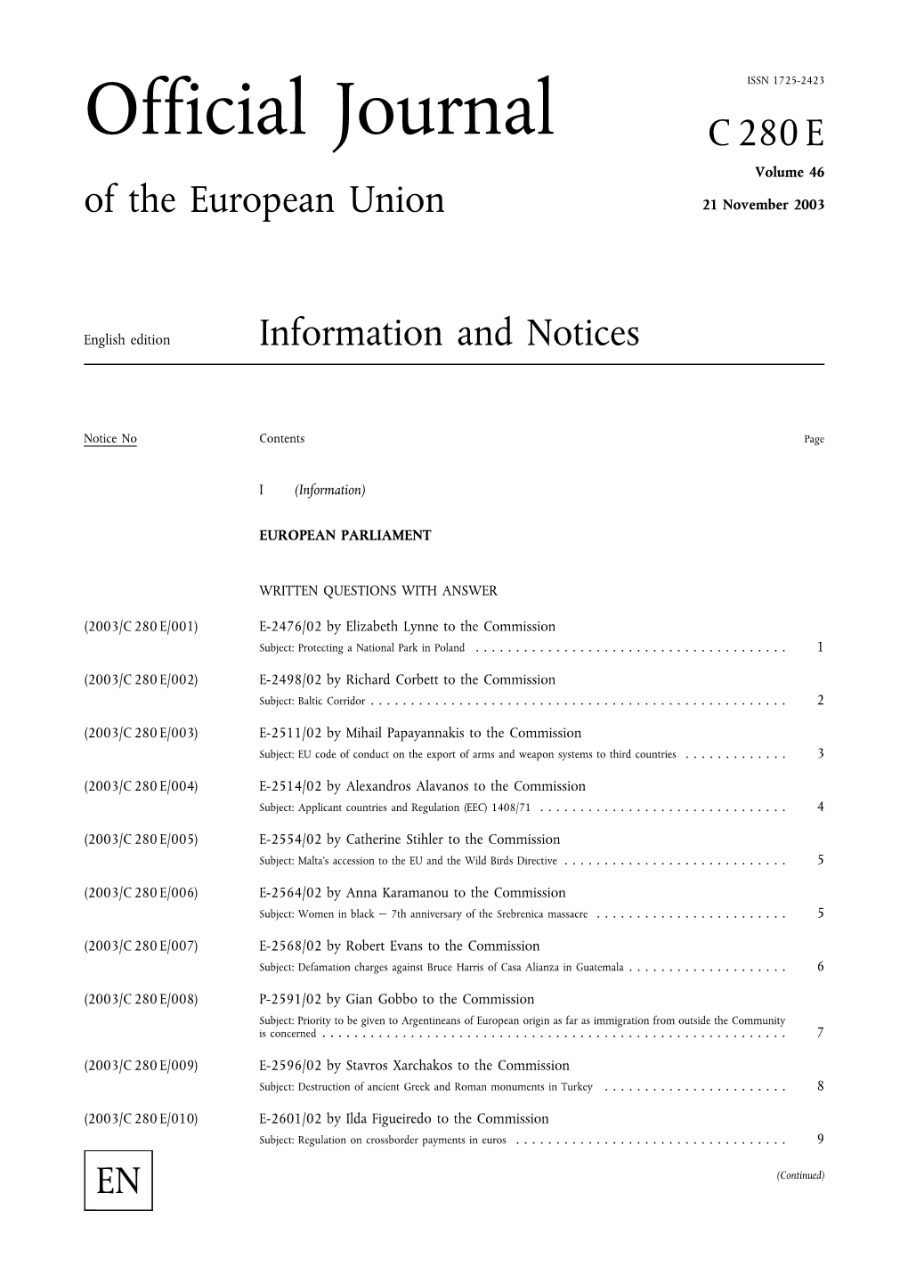 Official Journal C 280 E Volume 46 of the European Union 21 November 2003