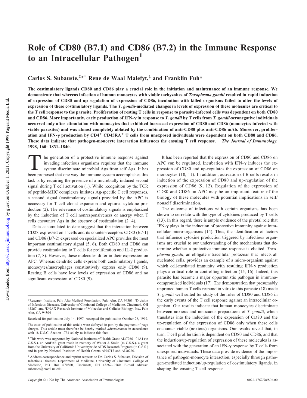 Immune Response to an Intracellular Pathogen Role of CD80 (B7.1) And