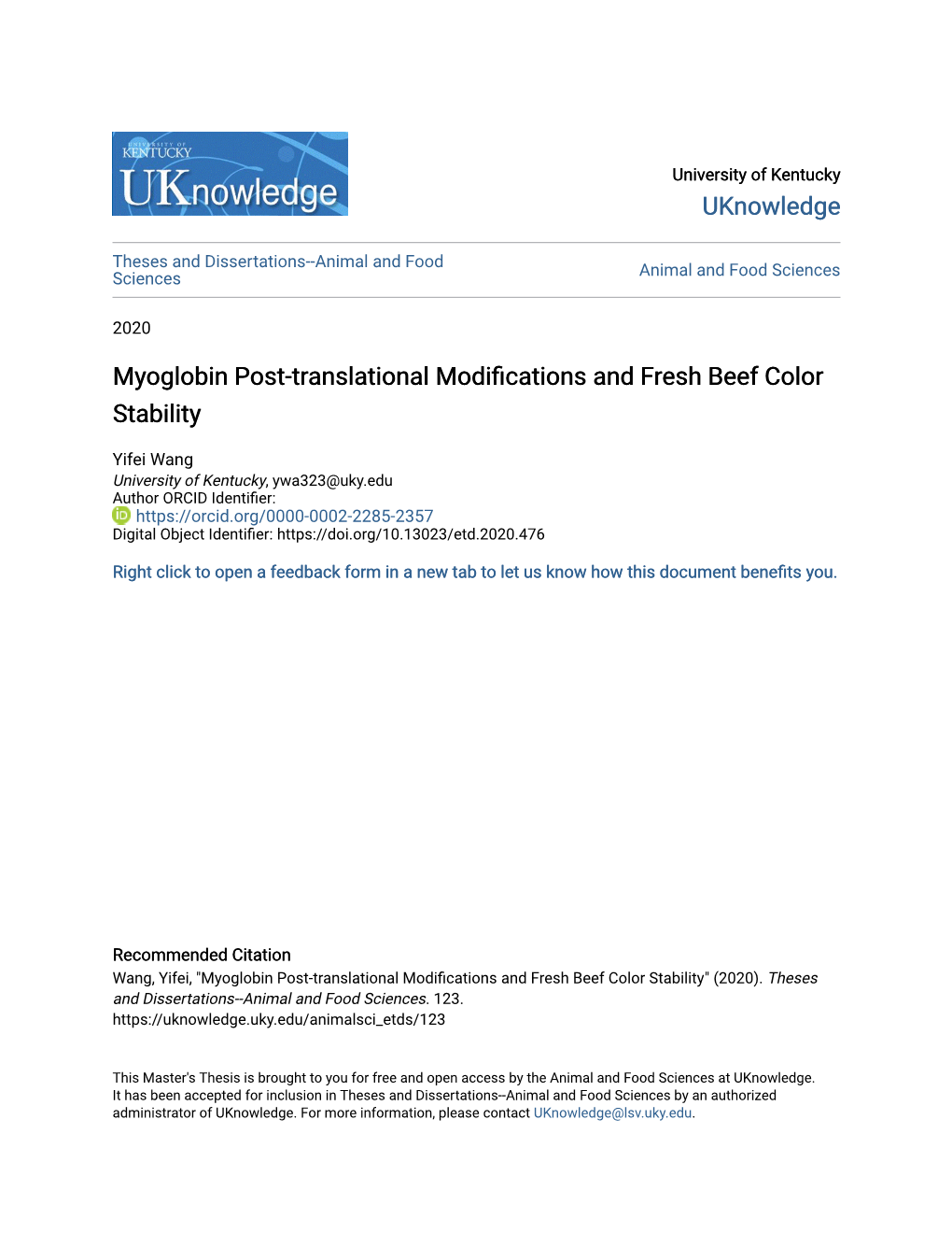 Myoglobin Post-Translational Modifications and Fresh Beef Color Stability