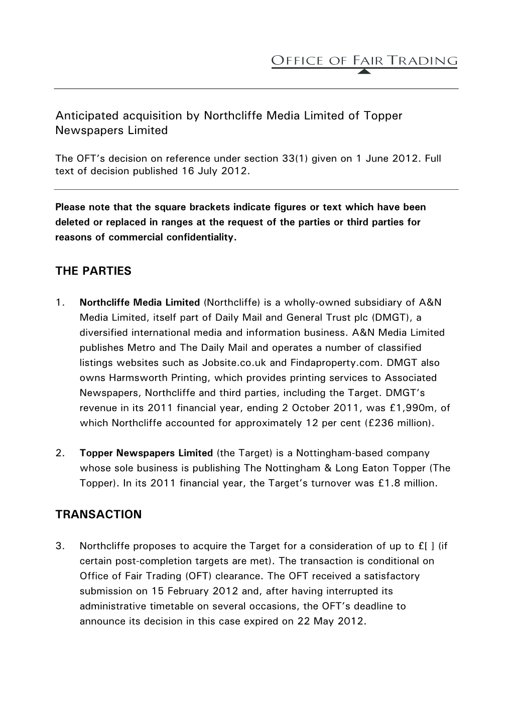 Full Text of the Decision Regarding the Anticipated Acquisition by Northcliffe Media Limited of Topper Newspapers Limited