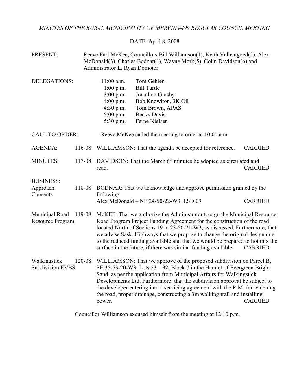 Minutes of the Rural Municipality of Mervin #499 Regular Council Meeting