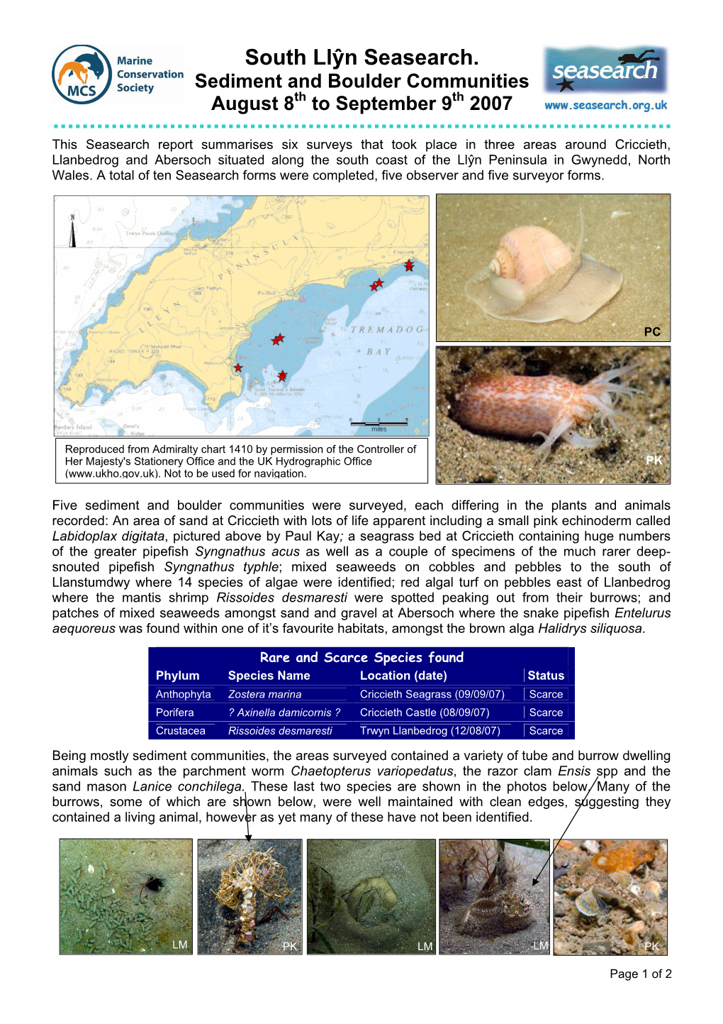 South Llyn Seasearch Summary Report 2007