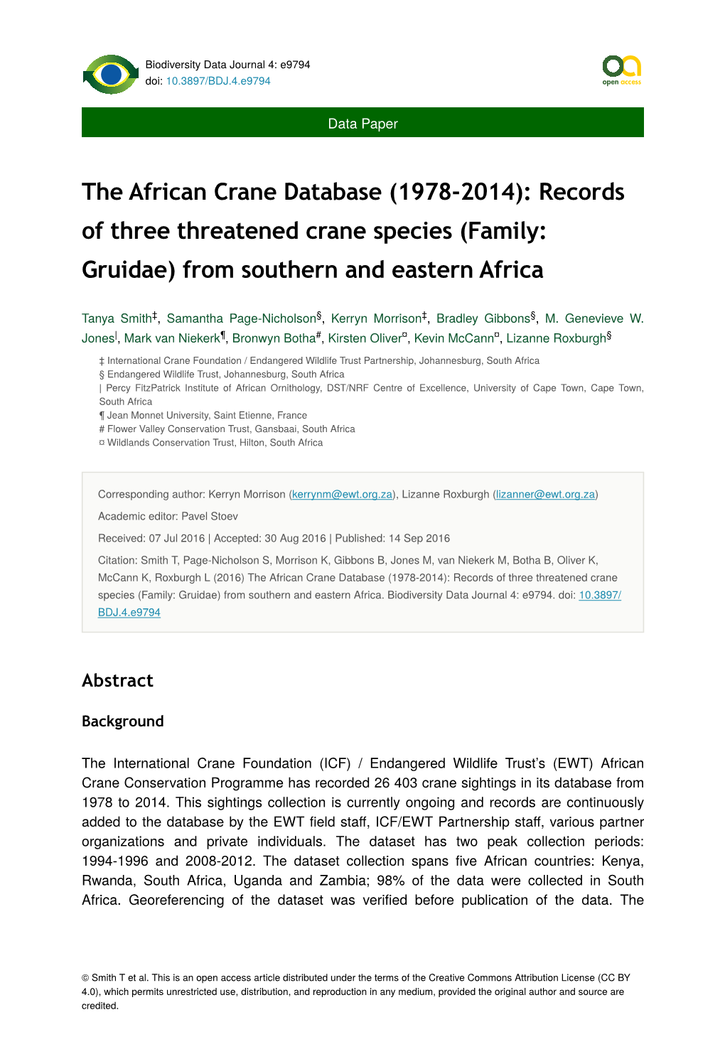 The African Crane Database (1978-2014): Records of Three Threatened Crane Species (Family: Gruidae) from Southern and Eastern Africa