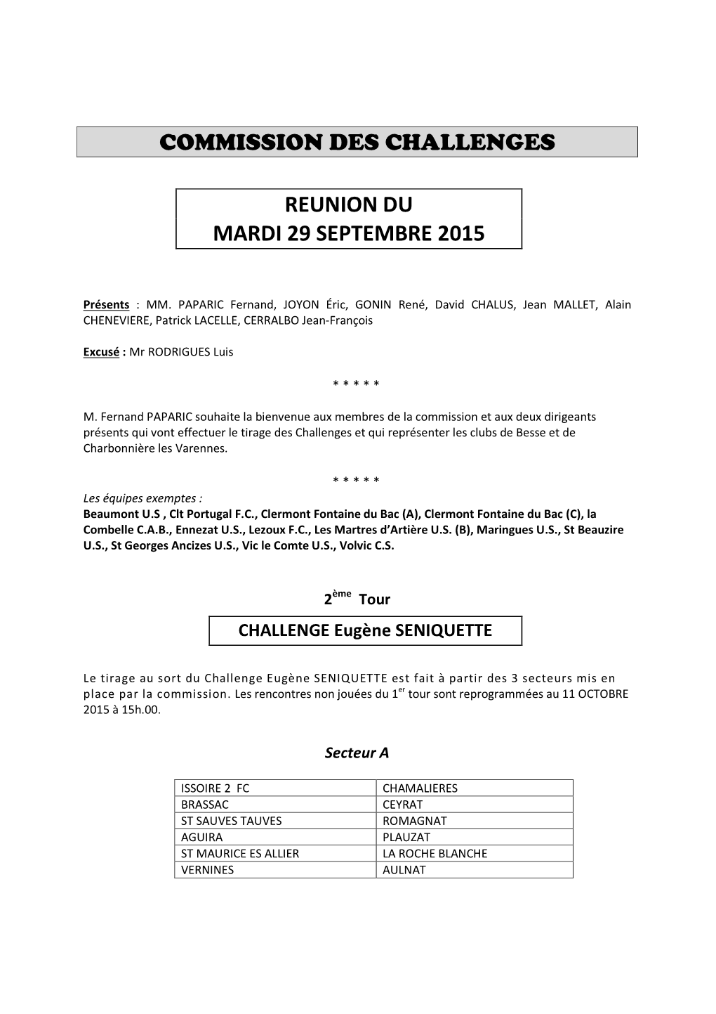 Commission Des Challenges Reunion Du Mardi 29