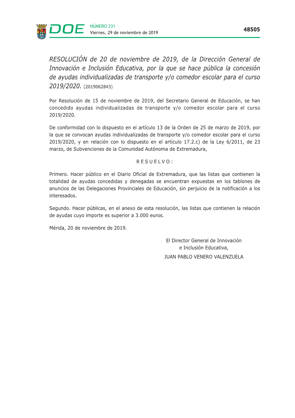 RESOLUCIÓN De 20 De Noviembre De 2019, De La Dirección General De