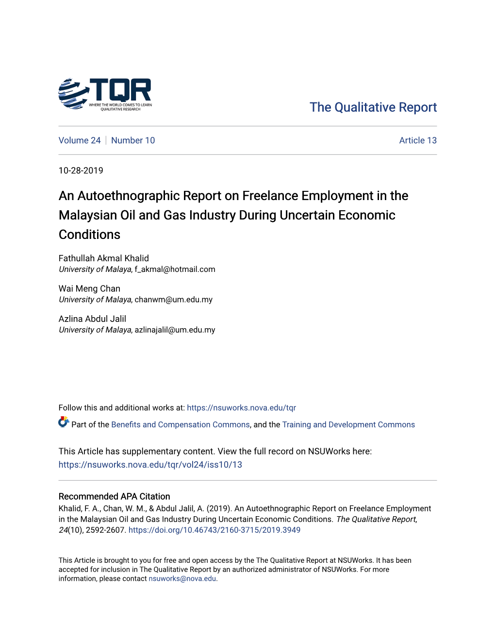 An Autoethnographic Report on Freelance Employment in the Malaysian Oil and Gas Industry During Uncertain Economic Conditions