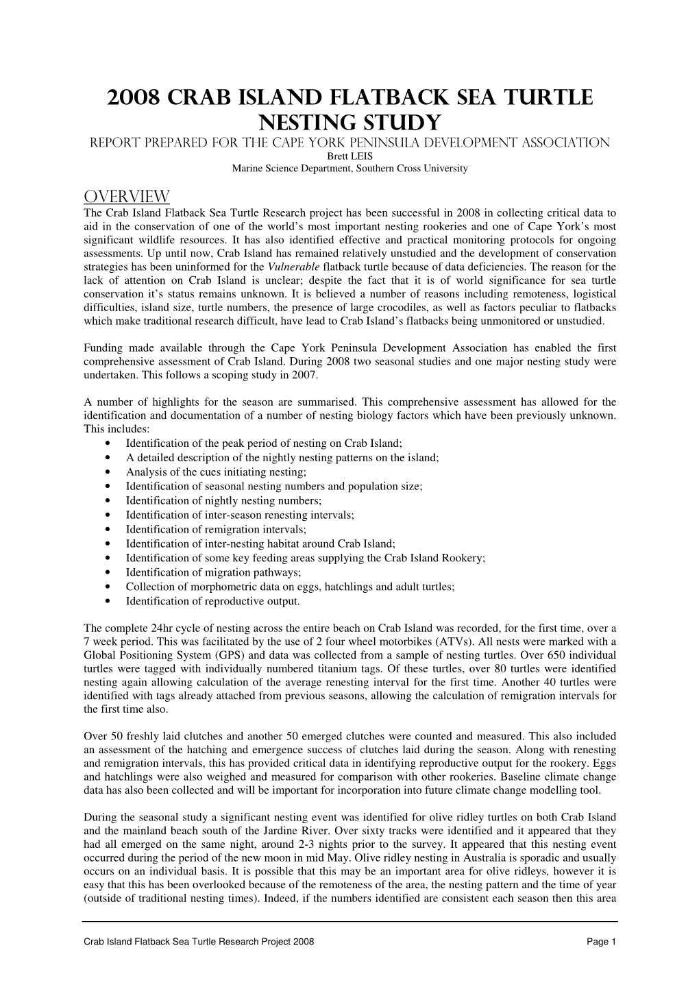 2008 CRAB ISLAND Flatback Sea Turtle Nesting Study