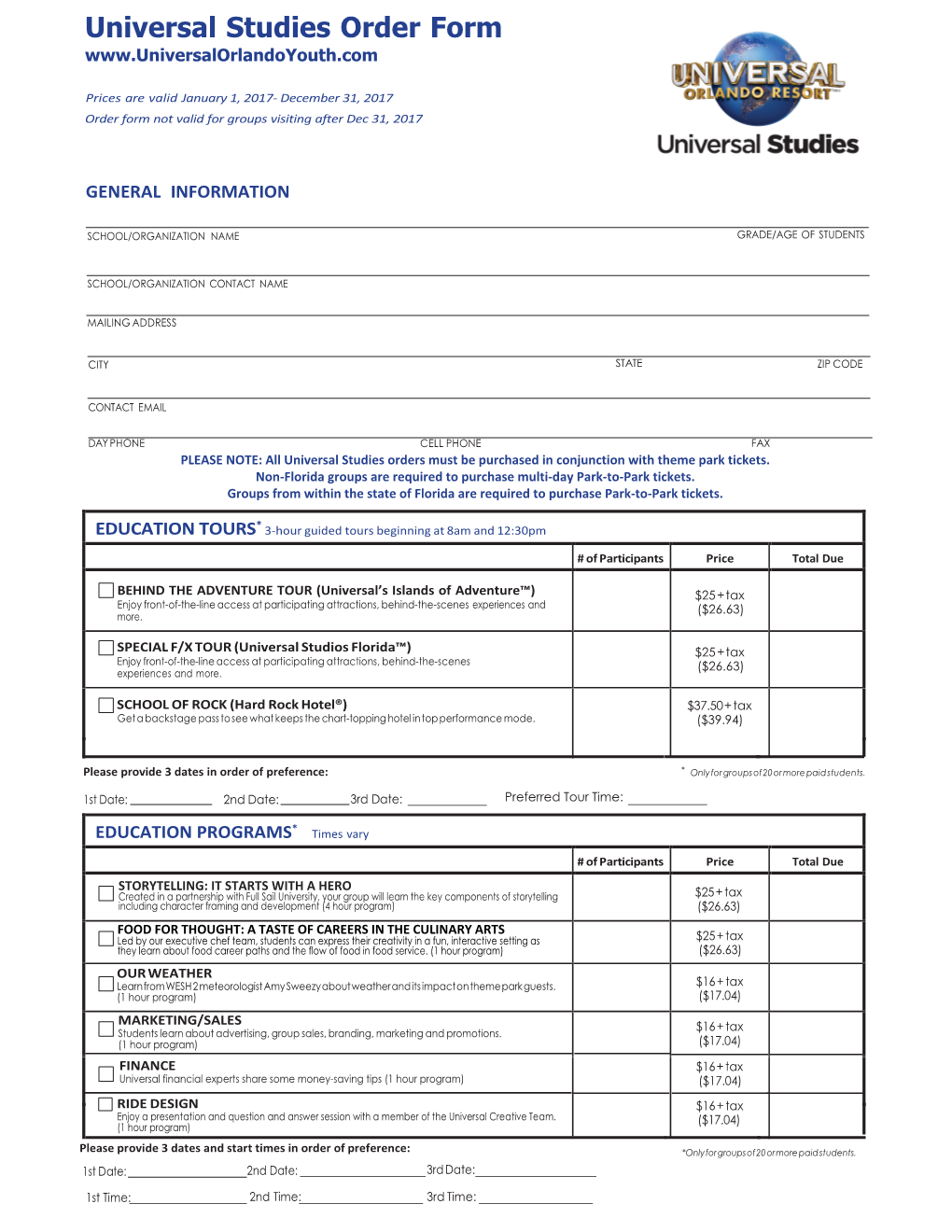 Universal Studies Order Form