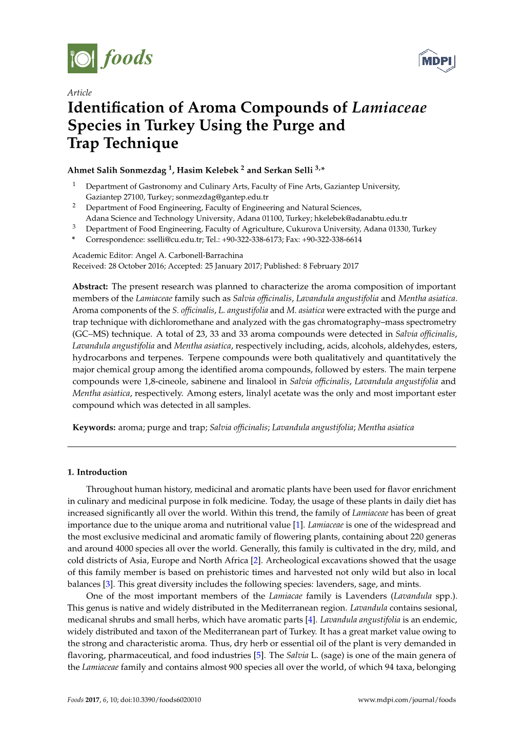 Identification of Aroma Compounds of Lamiaceae Species in Turkey Using the Purge and Trap Technique