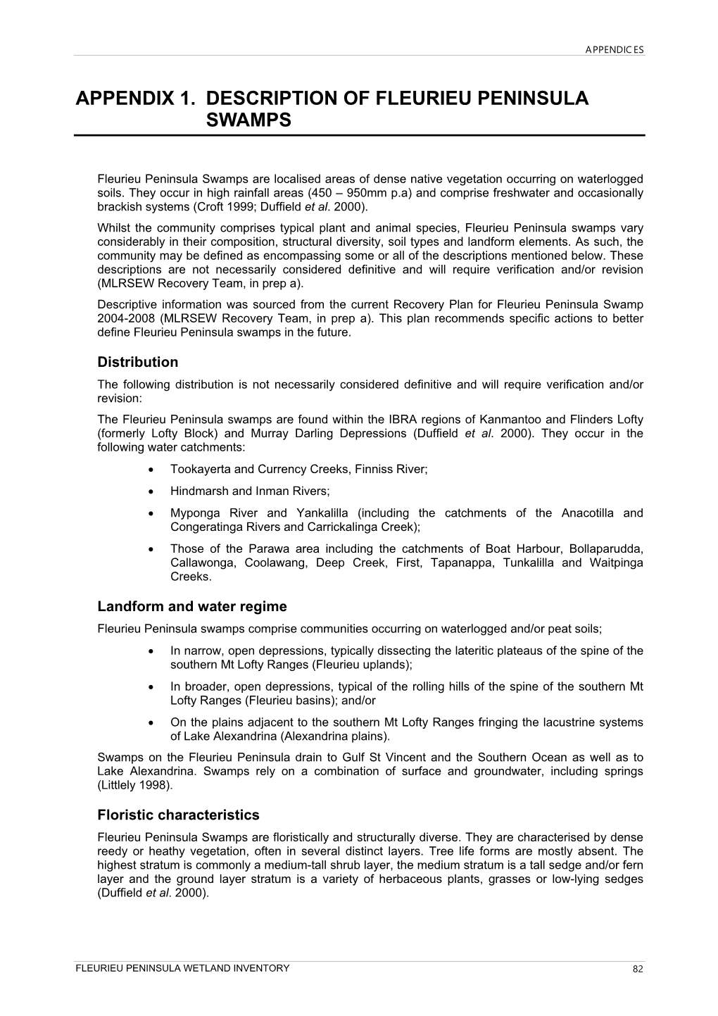 Fleurieu Peninsula Wetland Inventory 2005: Appendices